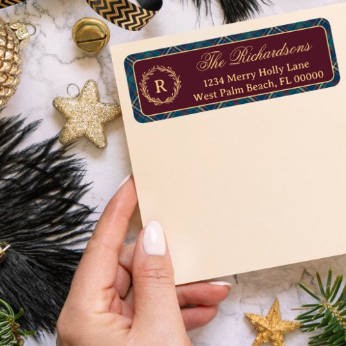 Classic Monogram Wreath Burgundy Plaid Christmas Label