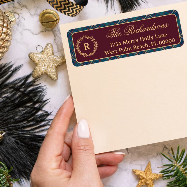 Classic Monogram Wreath Burgundy Plaid Christmas Label (Creator Uploaded)