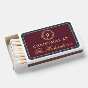 Classic Monogram Wreath Burgundy Plaid Christmas Matchboxes
