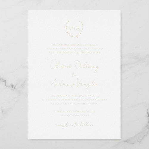 Classic Monogram Wreath Crest Elegant Wedding Gold Foil Invitation