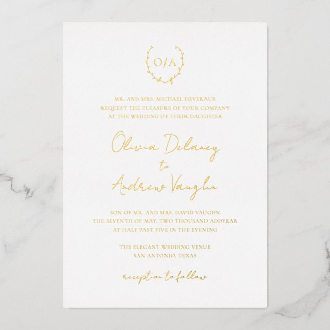 Classic Monogram Wreath Crest Elegant Wedding Gold Foil Invitation (Front)