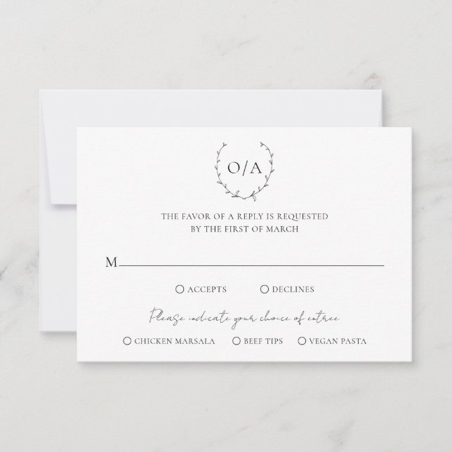 Classic Monogram Wreath Crest Elegant Wedding RSVP Card (Front)