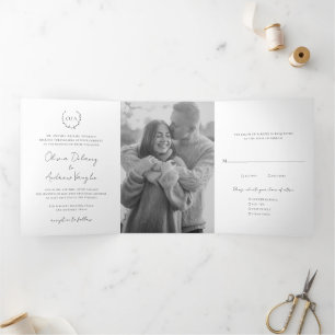 Classic Monogram Wreath Crest Elegant Wedding Tri-Fold Invitation