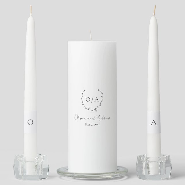 Classic Monogram Wreath Crest Elegant Wedding Unity Candle Set (Front)