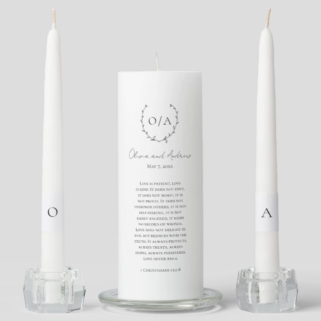 Classic Monogram Wreath Crest Elegant Wedding Unity Candle Set (Front)