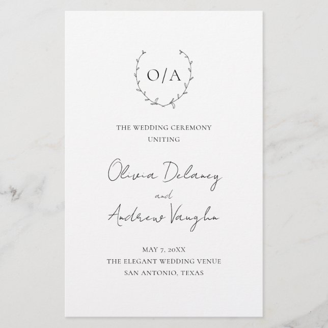 Classic Monogram Wreath Crest Wedding Program (Front)