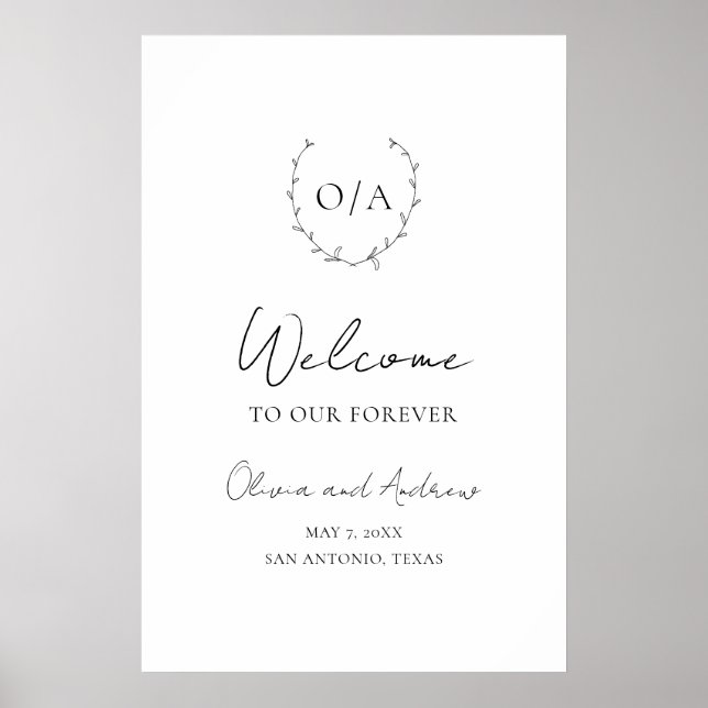 Classic Monogram Wreath Crest Wedding Welcome Sign (Front)