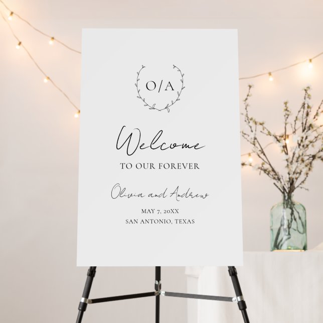 Classic Monogram Wreath Crest Wedding Welcome Sign (In Situ (Stand))