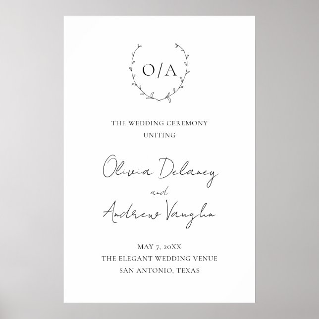 Classic Monogram Wreath Crest Wedding Welcome Sign (Front)