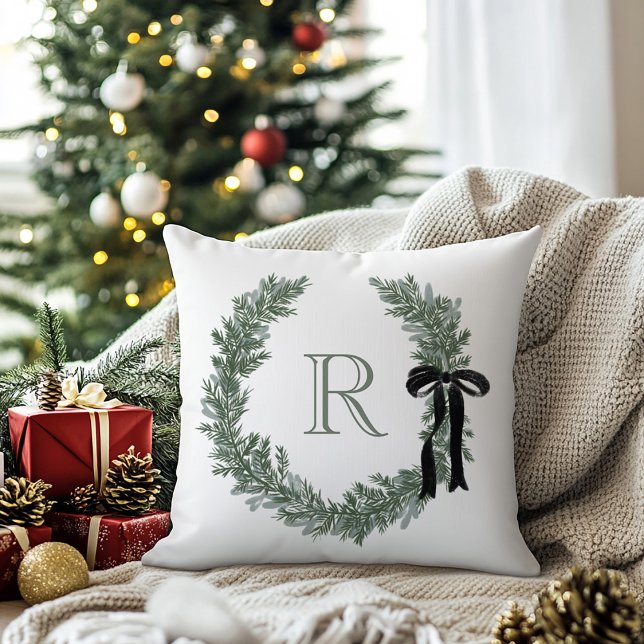 Classic Monogram Wreath Crest with Black Bow Throw Pillow (Creator Uploaded)
