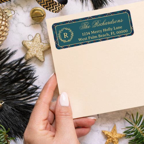 Classic Monogram Wreath Green Plaid Christmas Label