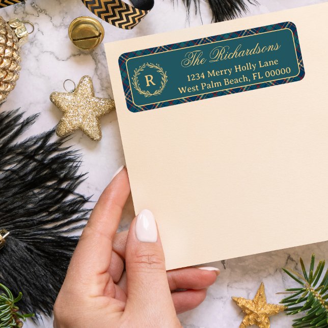 Classic Monogram Wreath Green Plaid Christmas Label (Creator Uploaded)