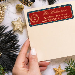Classic Monogram Wreath Red Plaid Christmas Label