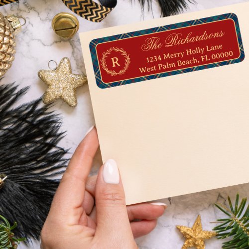 Classic Monogram Wreath Red Plaid Christmas Label