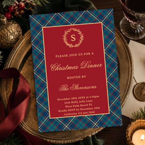Classic Monogram Wreath Red Plaid Christmas Party Invitation