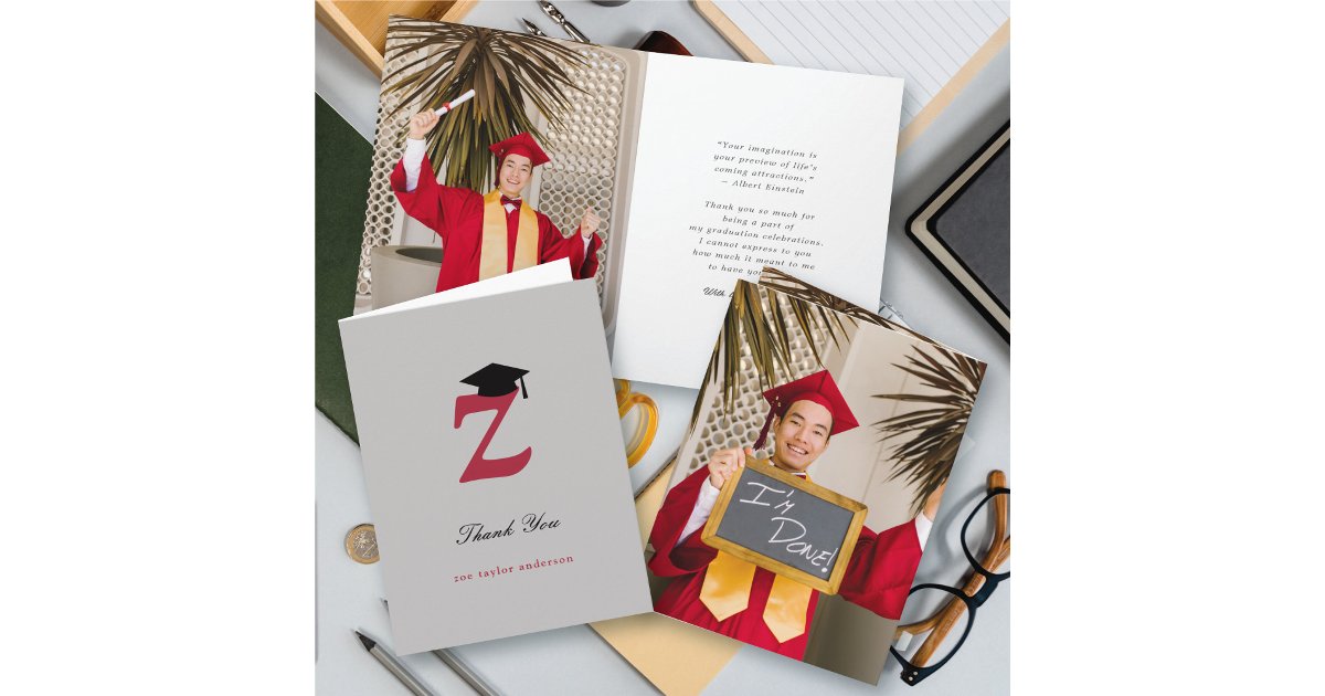 Classic Monogram Z Graduation Cap Photo Modern Thank You Card | Zazzle