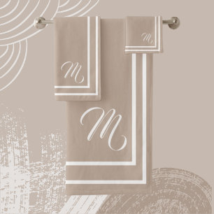 Classic Monogramed Taupe/White Bath Towel Set