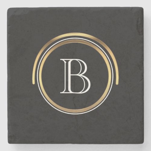 Classic Monogrammed Initial  Elegant Black Gold Stone Coaster