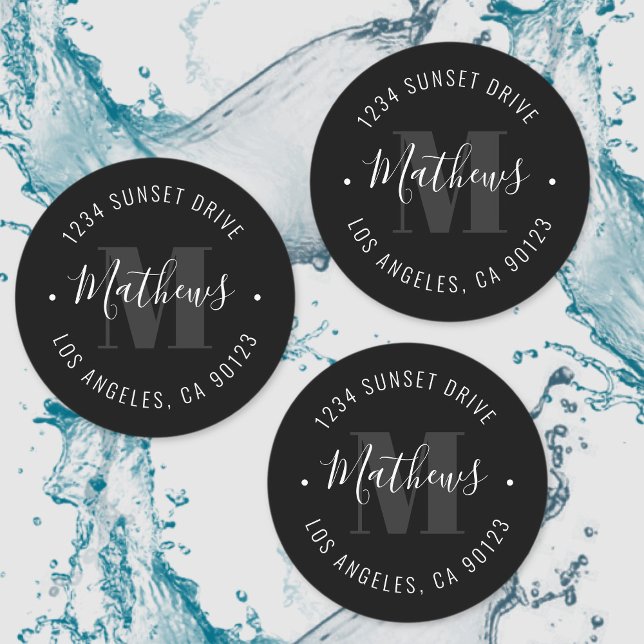 Classic Monogrammed Name & Circular Text | Black Labels (Creator Uploaded)