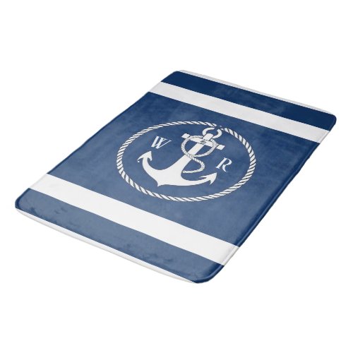 Classic Monogrammed Nautical Navy Blue and White  Bath Mat