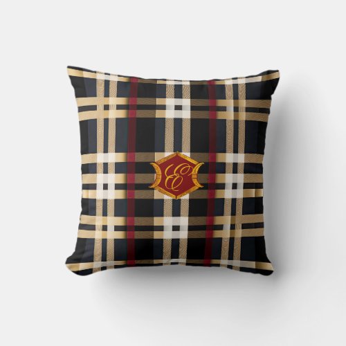 Classic Monogrammed Plaid Beige Red  Black  Throw Pillow