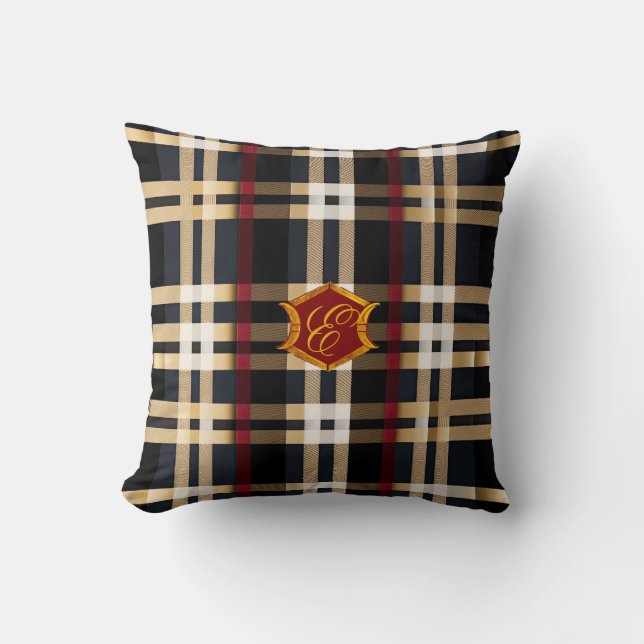 Classic Monogrammed Plaid Beige Red & Black  Throw Pillow (Front)