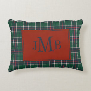 Classic, Monogrammed Red and Green Tartan Holiday Accent Pillow