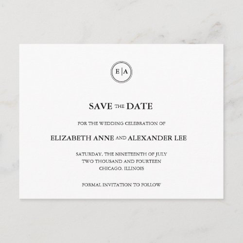 Classic Monograms Black  White Save the Date Announcement Postcard