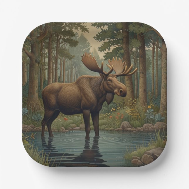 Classic moose boho woodland forest greenery  paper plates (Front)