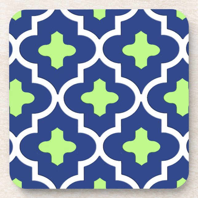 Classic Moroccan Tile, Cobalt Blue and Lime Drink Coaster (Front)