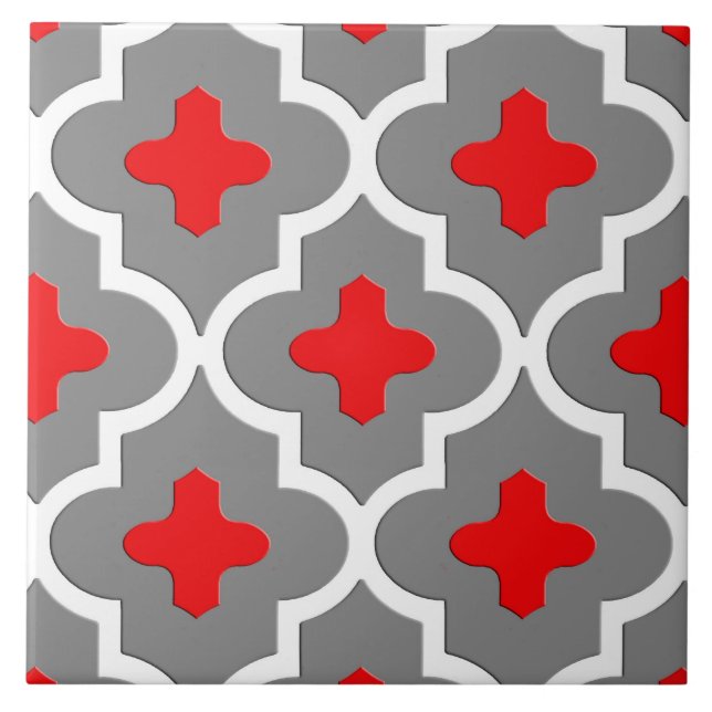 Classic Moroccan Tile, Gray / Grey and Red Ceramic Tile (Front)