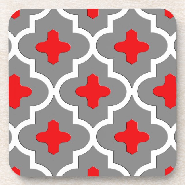 Classic Moroccan Tile, Gray / Grey and Red Coaster (Front)
