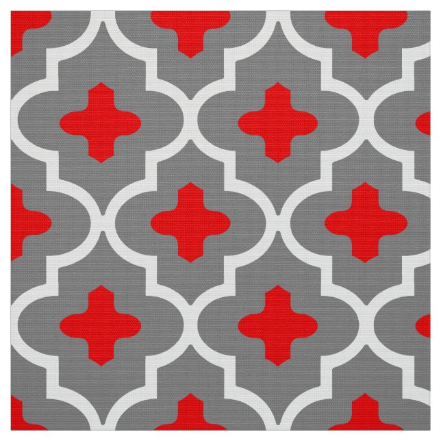Classic Moroccan Tile, Gray / Grey and Red Fabric (Swatch)