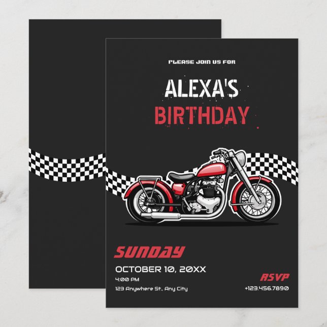 Classic motorbike birthday invitation (Front/Back)
