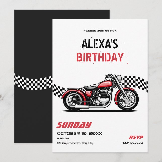 Classic motorbike birthday invitation (Front/Back)