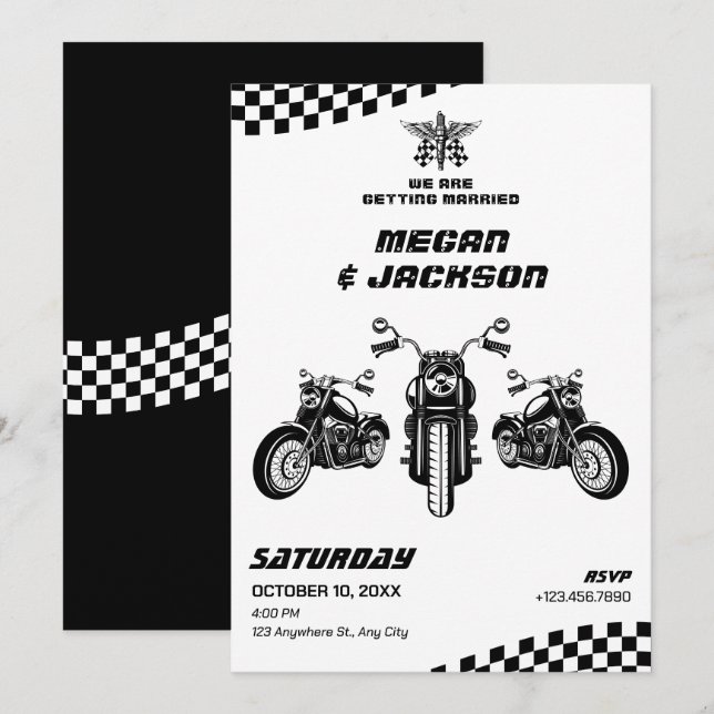 Classic motorbike mechanic wedding invitation (Front/Back)