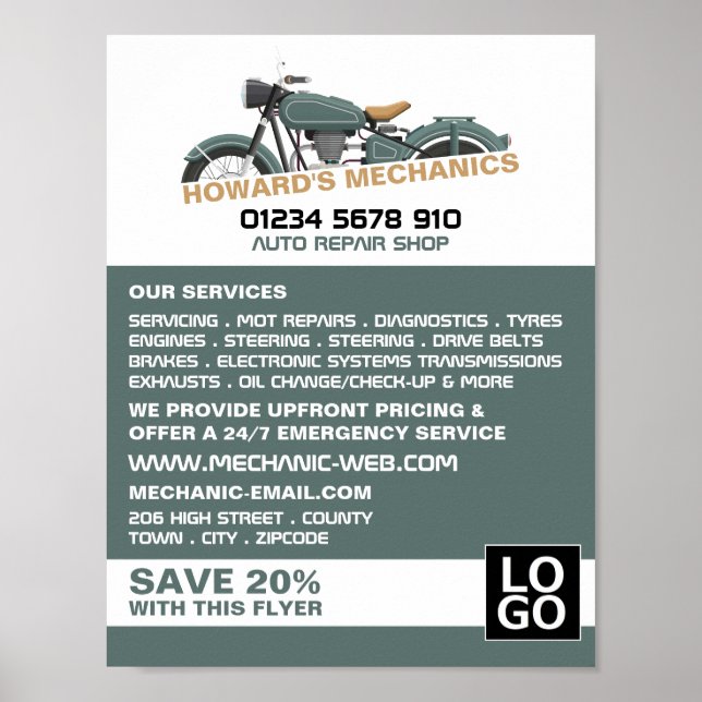 Classic Motorcycle, Auto Mechanic & Repairs Advert Poster (Front)