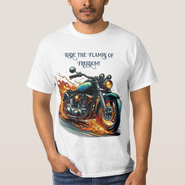 Classic Motorcycle in Motion with Flames T-Shirt (Front)