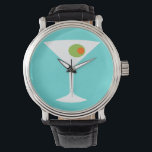 Classic Movie Martini Watch (turquoise)<br><div class="desc">This Classic Movie Martini Watch features a turquoise background and the image of a white silhouette of a martini glass. Inside the glass is a glorious green olive with an orange pimento. This is a fun wristwatch for everyone who wishes they were a character in a classic movie. Shaken not...</div>