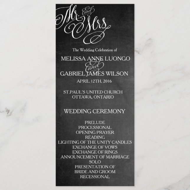 Classic Mr. & Mrs. Wedding Program Chalkboard (Front)