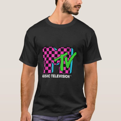 Classic MTV Logo Pink And Blue Checker Design  T_Shirt