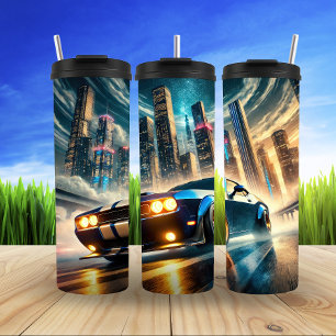 Classic Muscle Car Against Futuristic Cityscape Thermal Tumbler