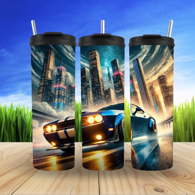 Classic Muscle Car Against Futuristic Cityscape  Thermal Tumbler (Creator Uploaded)