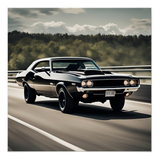Classic Muscle Car Driving on Highway Poster (Front)