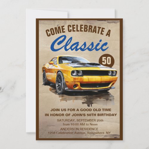 Classic Muscle Car Simple Fifty Birthday  Invitation