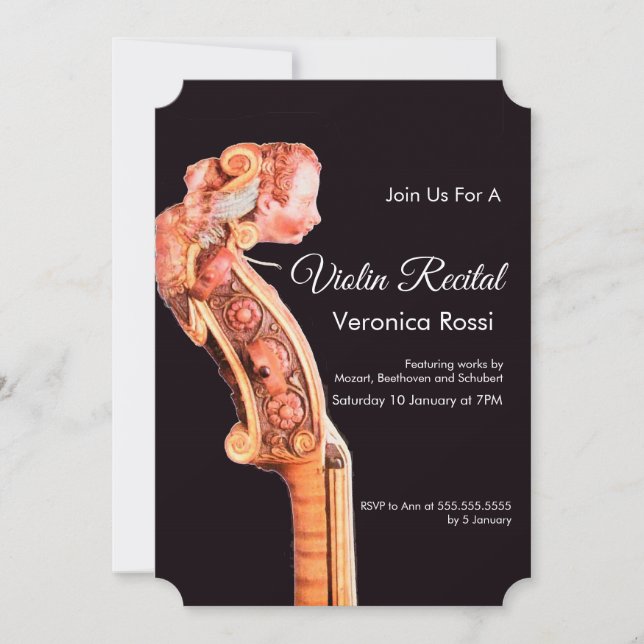 CLASSIC MUSIC CONCERT,RECITAL Violin Scroll Brown Invitation (Front)