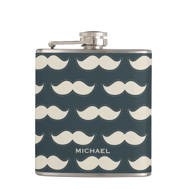 Classic Mustache Pattern on Black Personalised Flask (Front)
