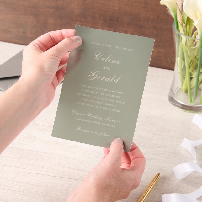 Classic Muted Green Elegant Wedding Vellum Invitations (Handheld)