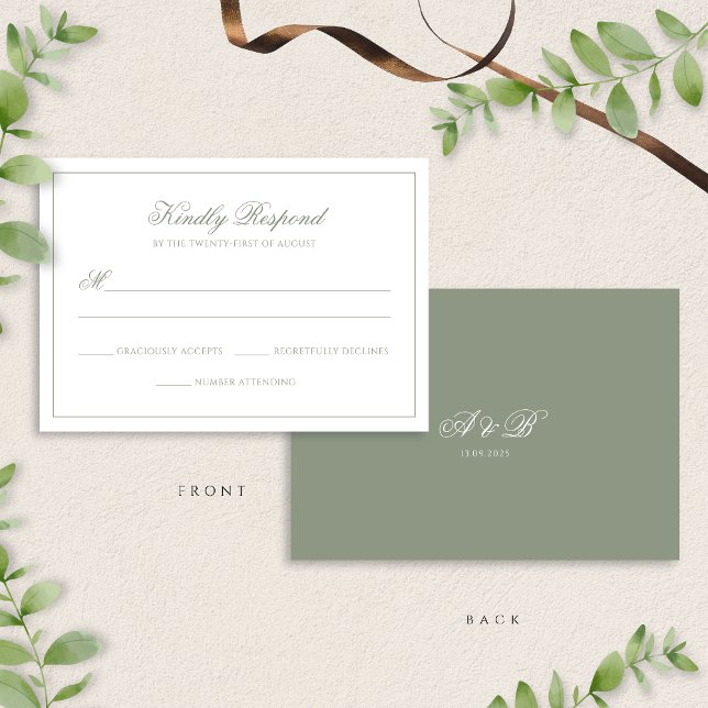 Classic Muted Sage Green Monogram Script Wedding RSVP Card (Creator Uploaded)