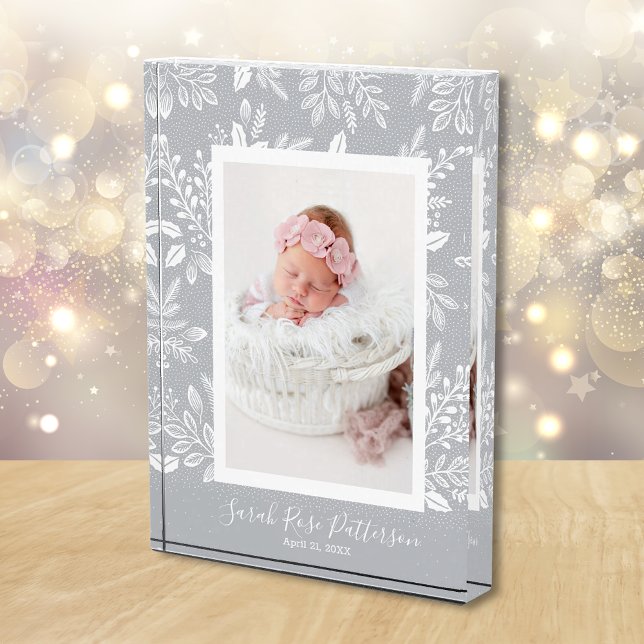 Classic Name Custom Photo Block (White leaves and dots on pale gray personalized custom photo acrylic block)